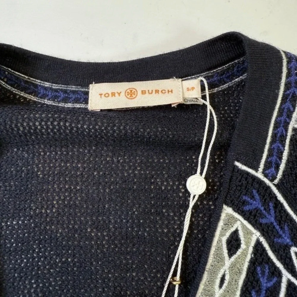 TORY BURCH Jory Lightweight Short Sleeve Knit Sweater Navy Blue Size Small